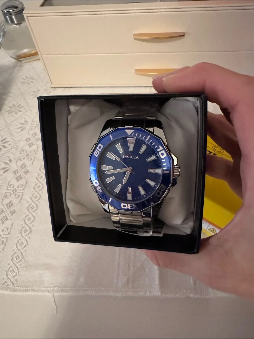Invicta Men's Silver Stainless Steel Watch with Blue Dial and Bezel